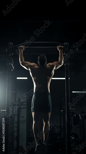 Man performing pull ups in dark gym fitness studio overhead view of back