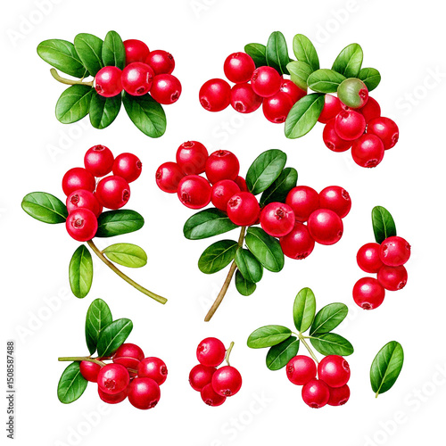 Set of cowberry with green leaves and red berries (Vaccinium vitis-idaea, lingonberry, mount png