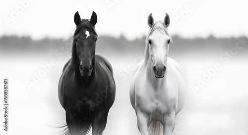 white horse in the snow.Majestic Black and White Horses: Ethereal Foggy Portrait.