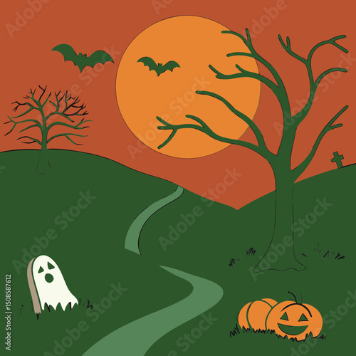 vector Halloween landscape with silhouettes 