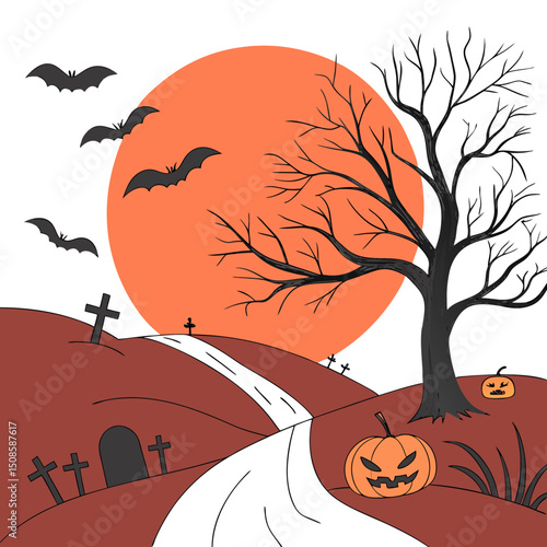 vector Halloween landscape with silhouettes 