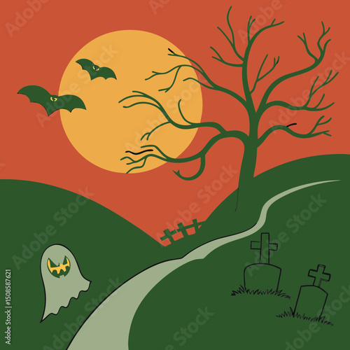 vector Halloween landscape with silhouettes 