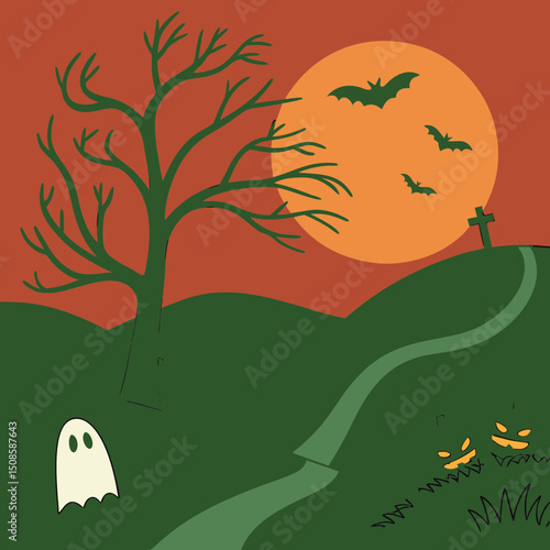 vector Halloween landscape with silhouettes 