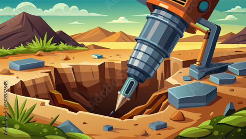 Closeup of a rusty auger drill bit digging into rocky soil outdoors Concept of geotechnical investigation, construction, and environmental engineering