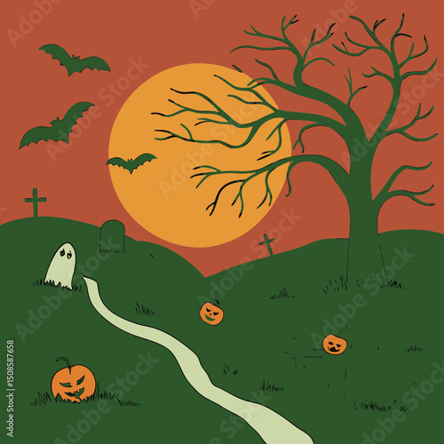 vector Halloween landscape with silhouettes 
