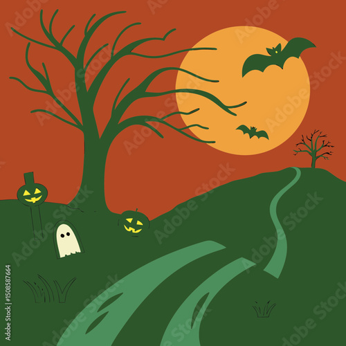vector Halloween landscape with silhouettes 