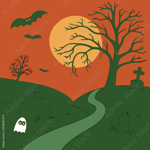 vector Halloween landscape with silhouettes 