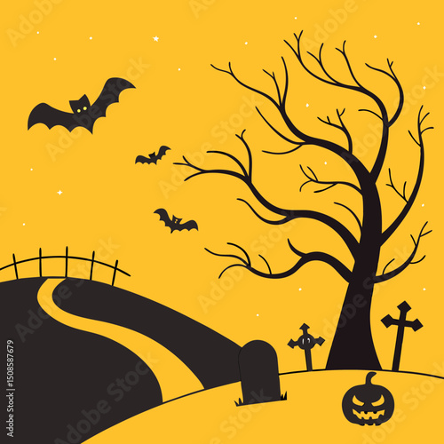 vector Halloween landscape with silhouettes 