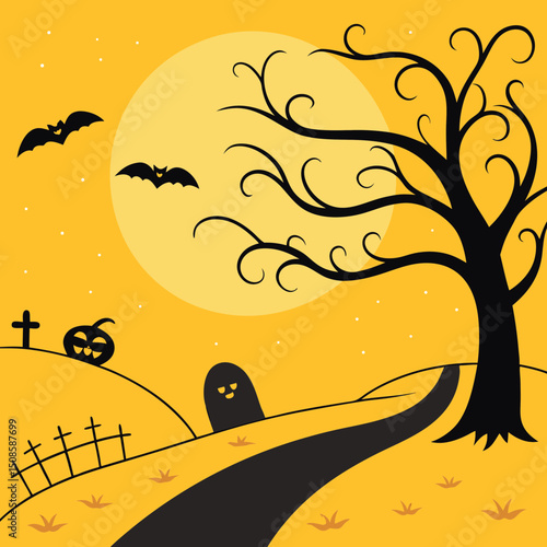 vector Halloween landscape with silhouettes 