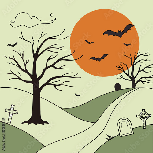 vector Halloween landscape with silhouettes 