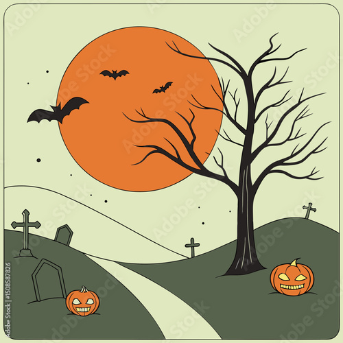vector Halloween landscape with silhouettes 