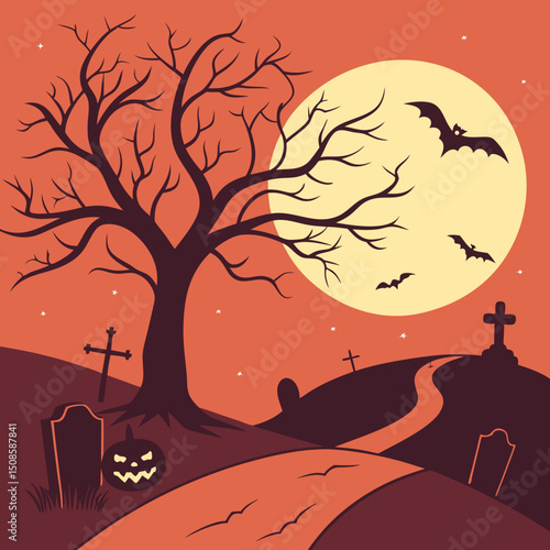 vector Halloween landscape with silhouettes 
