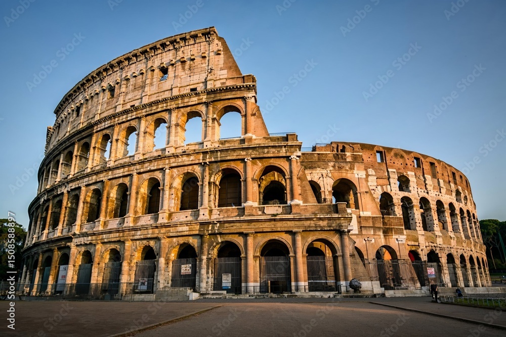 Fototapeta premium The Colosseum in Rome Illuminated at Sunset with Clear Sky