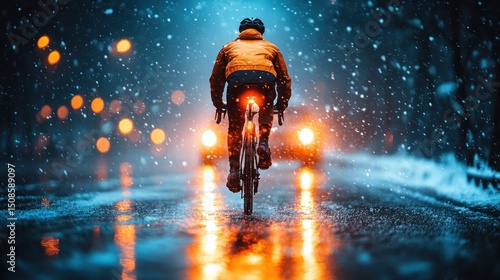 Cyclist riding at night in snowy city