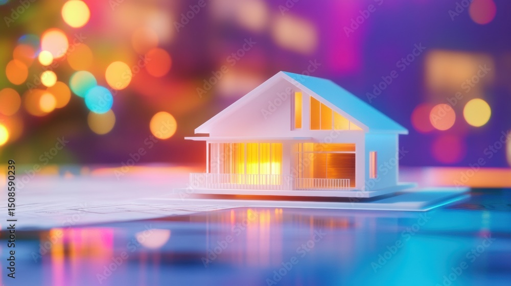 Miniature house model illuminated on a reflective surface with colorful lights Miniature house model illuminated on a reflective surface with colorful lights