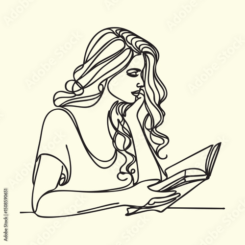 
Book open outline. The girl is reading a book. One line vector drawing. Beautiful girl.
