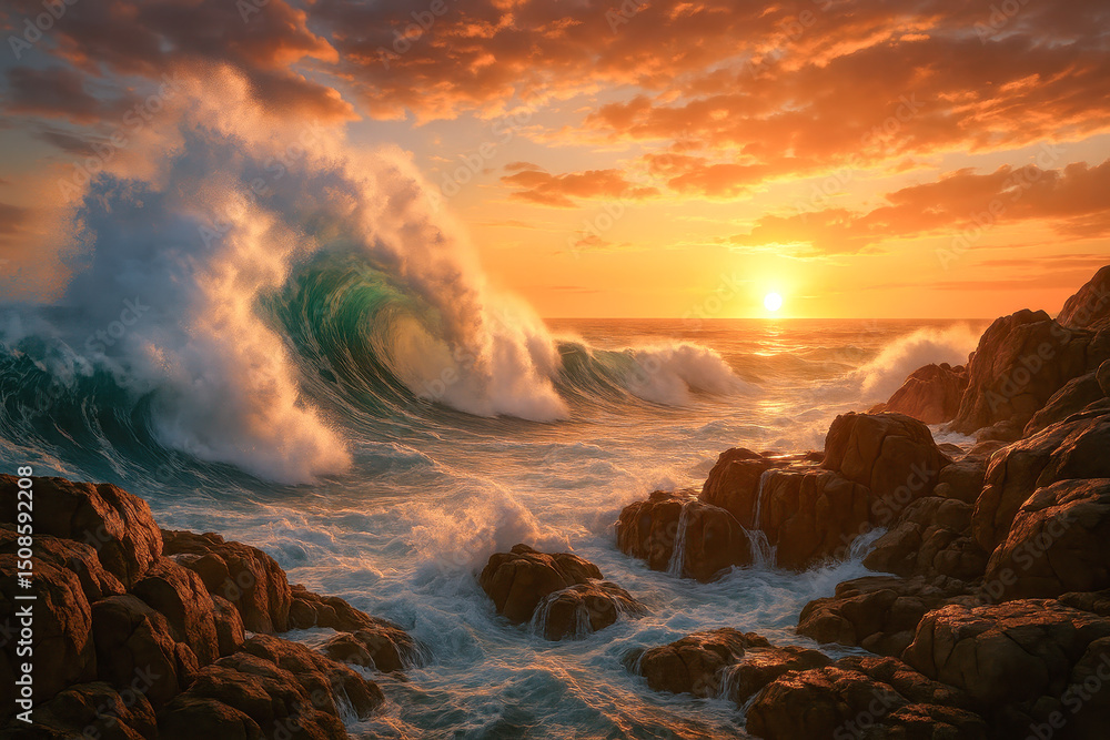 Fototapeta premium Golden sunset illuminating powerful ocean swells cascading onto rugged rocky shoreline creating mesmerizing seascape drama with warm light and contrasting shadows
