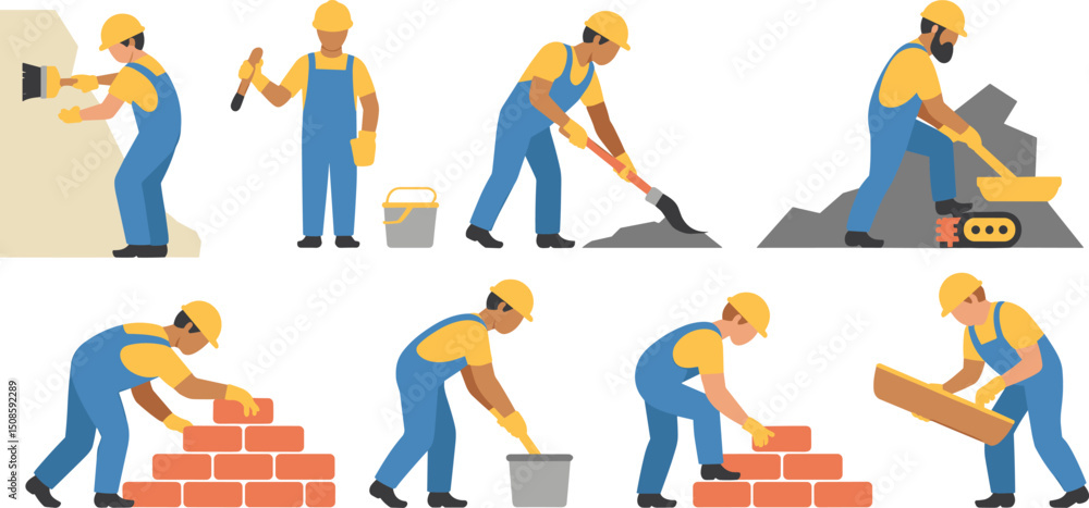 Naklejka premium Vector illustration of construction workers performing various tasks like painting, digging, bricklaying, and plastering in safety gear