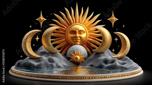 Golden sun moon stars decorative art