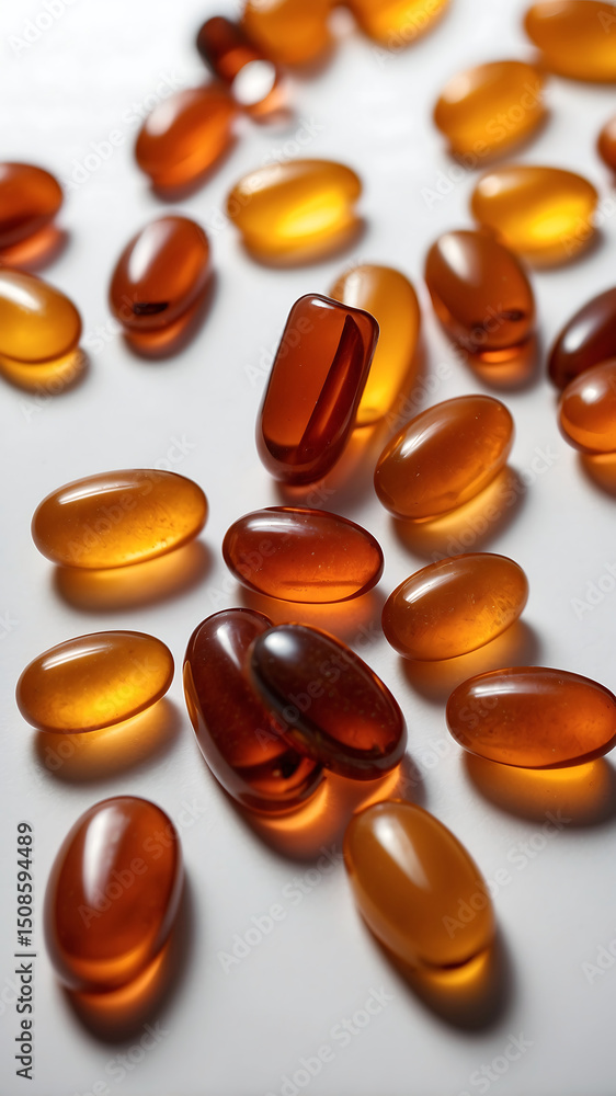 Hand Holding Amber Soft Gel Capsules with White Bottle on Plain Background Hand Holding Amber Soft Gel Capsules with White Bottle on Plain Background
