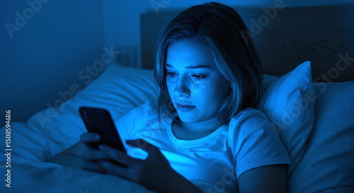 Sad woman crying in bed looking at phone screen at night