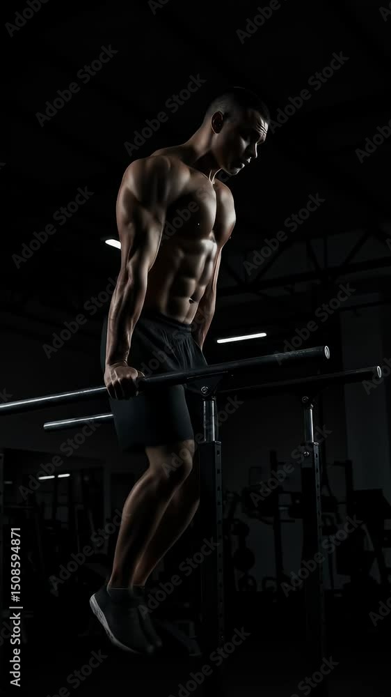 Muscular man performing exercise on parallel bars in gym setting Muscular man performing exercise on parallel bars in gym setting