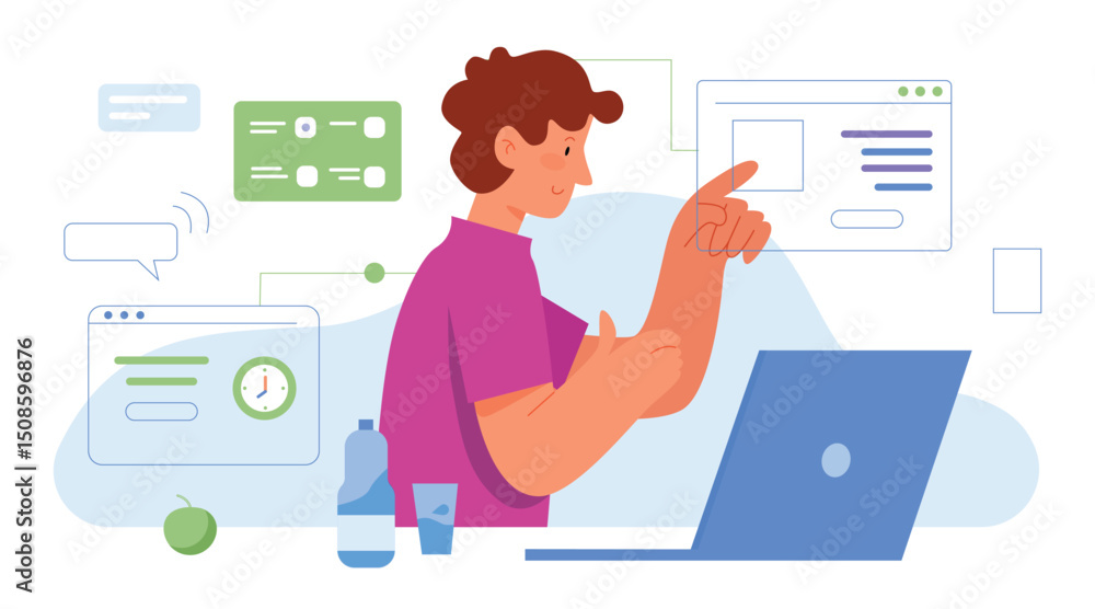 Multitask office work vector illustration. Cartoon flat busy businessman character working on many virtual business tasks. Multitasking concept, modern effective time management isolated on white Multitask office work vector illustration. Cartoon flat busy businessman character working on many virtual business tasks. Multitasking concept, modern effective time management isolated on white