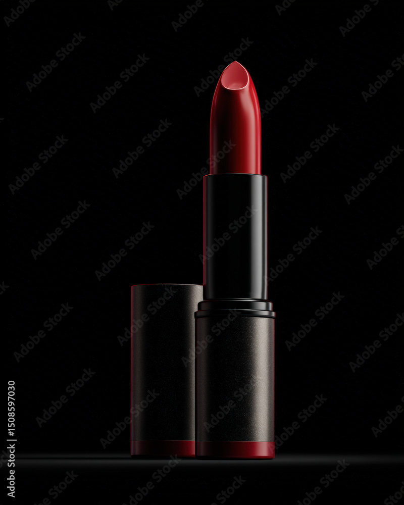 Obraz premium Striking lipstick product photo featuring bold red shade, elegantly illuminated with rim lighting against black background, creating dramatic and sophisticated look