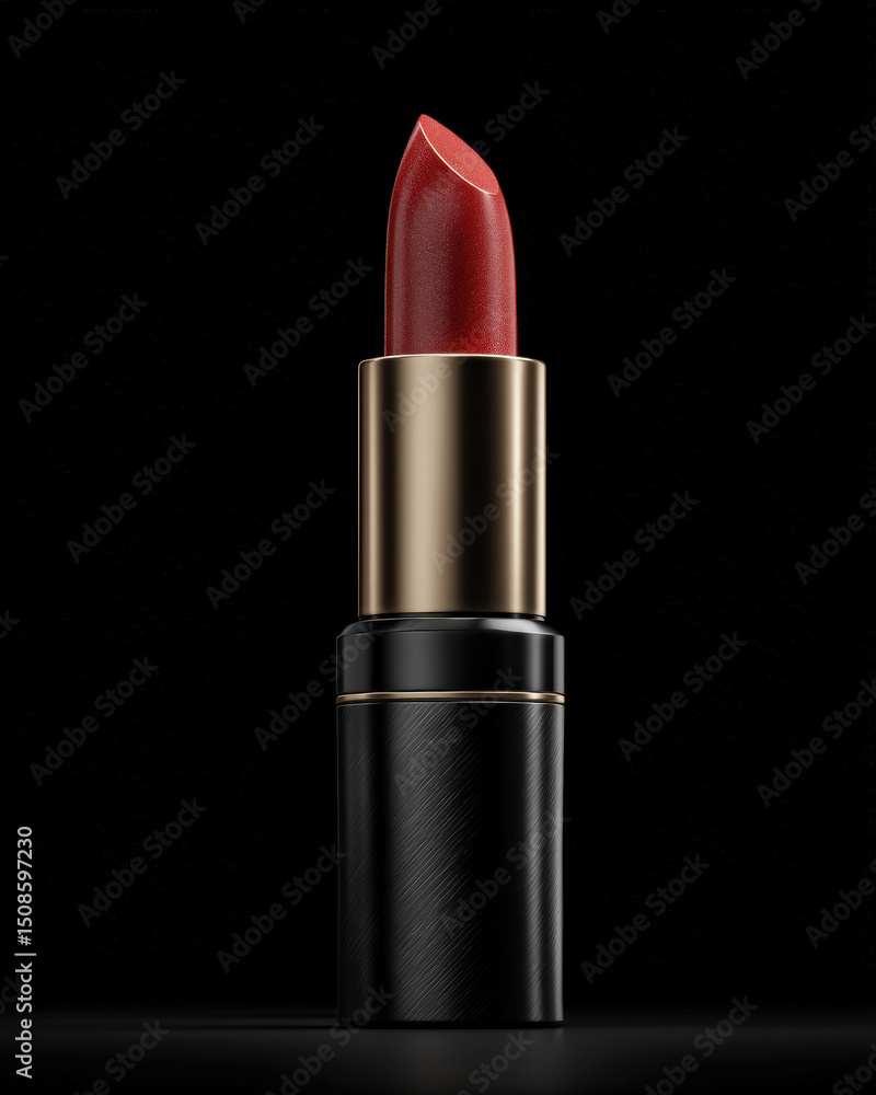 Obraz premium Luxurious lipstick in sleek black tube, showcasing vibrant red shade against soft black background, perfect for enhancing beauty and elegance