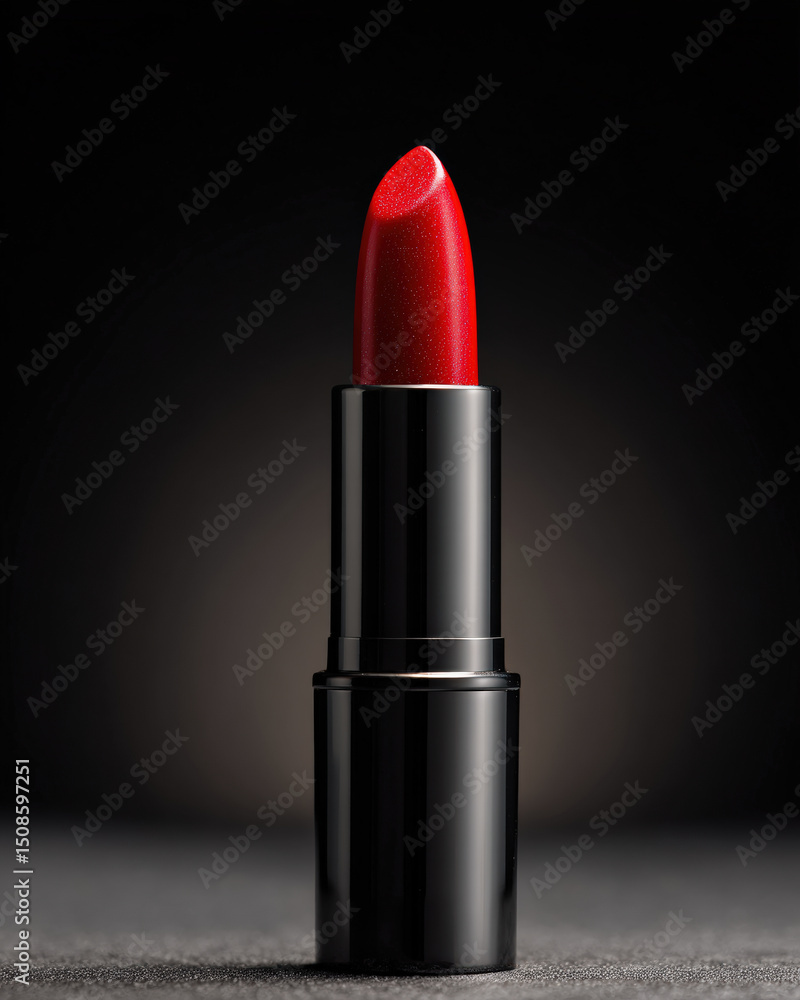 Luxurious red lipstick stands elegantly against jet black background, showcasing its vibrant color and sleek design, perfect for adding bold touch to any makeup look Luxurious red lipstick stands elegantly against jet black background, showcasing its vibrant color and sleek design, perfect for adding bold touch to any makeup look