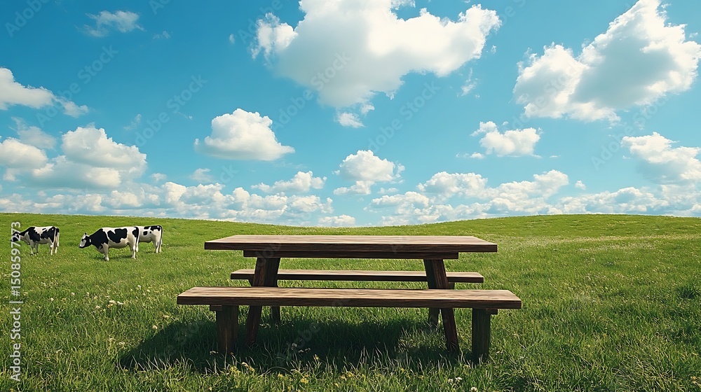clipart style simple plank wood table with cows in pasture background fluffy clouds blue sky stylized clean cartoon render clipart style simple plank wood table with cows in pasture background fluffy clouds blue sky stylized clean cartoon render