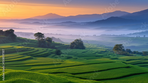 A serene sunrise over lush green rice terraces in a mountain valley