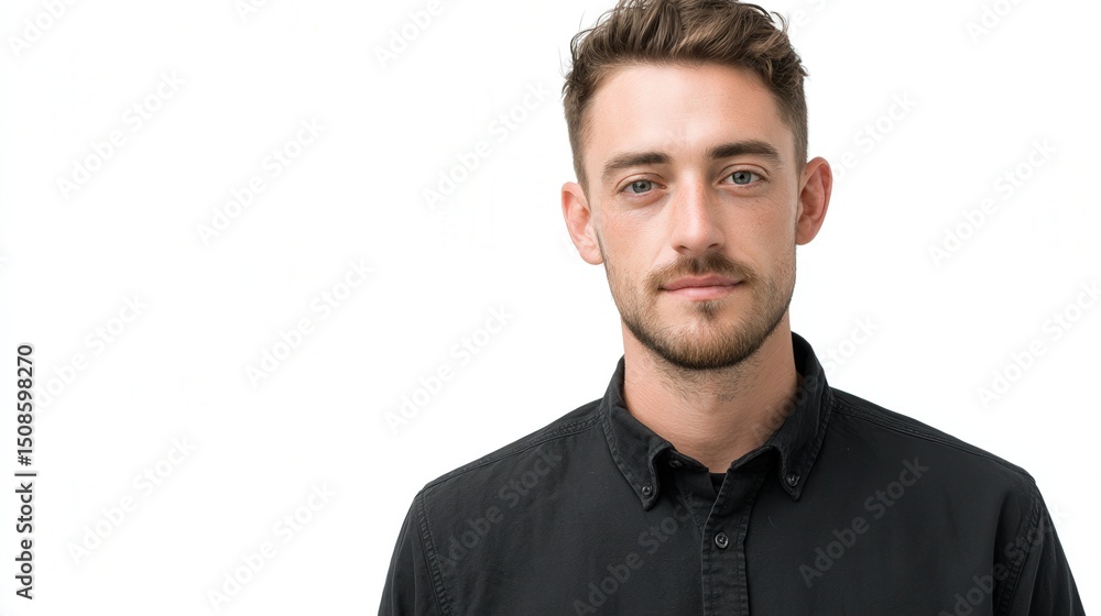 Confident Young Man in Casual Black Shirt Posing Against a White Background Confident Young Man in Casual Black Shirt Posing Against a White Background