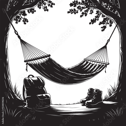 Man Lying in a Hammock. Hammock scene in a forest with backpack and boots.  Silhouette vector.