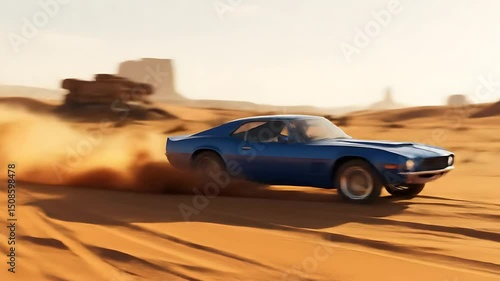 Classic muscle car driving across sandy desert