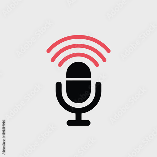 Modern Microphone Icon with Red Sound Waves Emanating, Symbolizing Audio, Broadcasting, and Communication Technologies