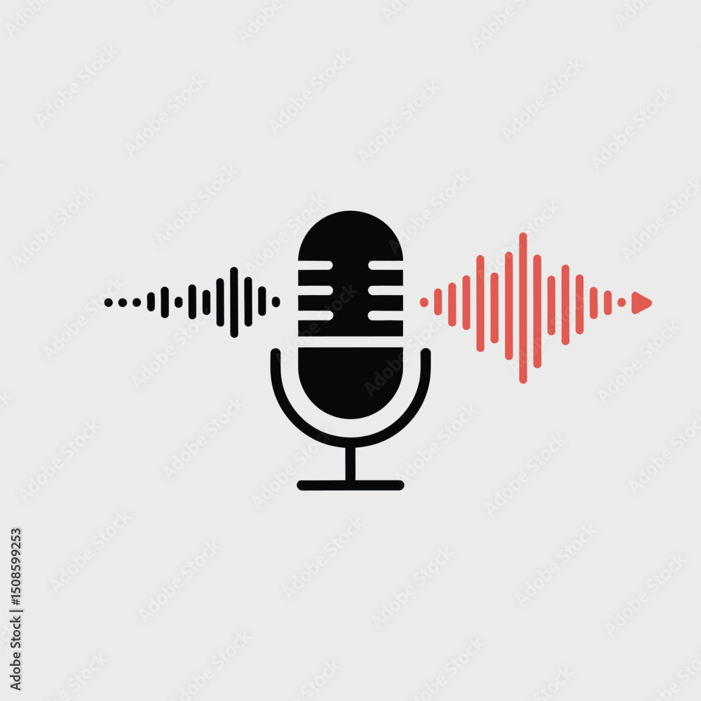 Microphone Icon with Sound Waves for Broadcasting and Podcast Recording, Representing Audio and Voice Transmission Technology Microphone Icon with Sound Waves for Broadcasting and Podcast Recording, Representing Audio and Voice Transmission Technology