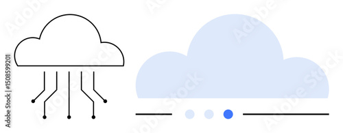 Two cloud icons one with data connections, the other with progress dots. Ideal for technology, innovation, connectivity, web services, data transfer, cloud storage, simple landing page