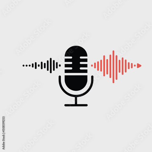 Microphone Icon with Sound Waves for Broadcasting and Podcast Recording, Representing Audio and Voice Transmission Technology