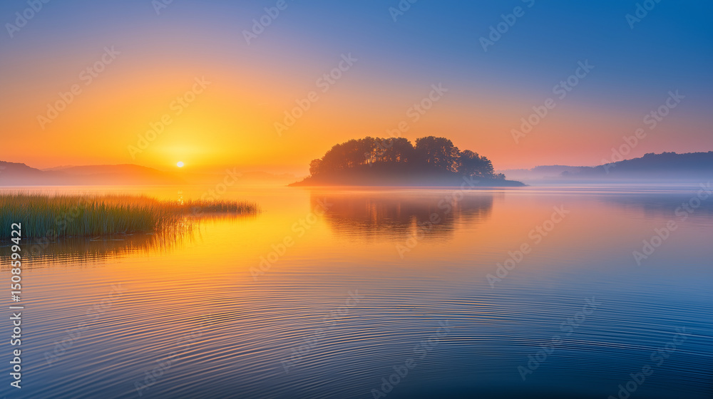 Fototapeta premium Peaceful morning lake scene with mist and reflection