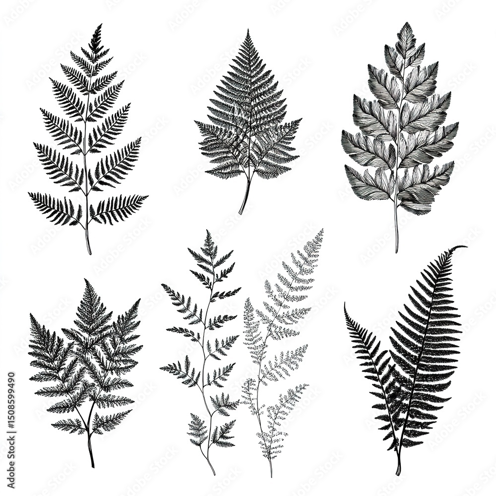 Detailed Black And White Fern Illustrations