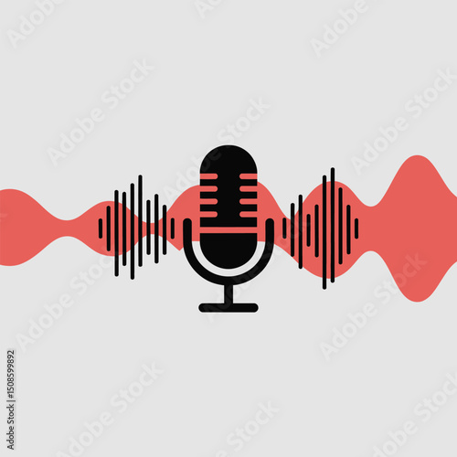 Microphone Icon with Sound Waves Representing Voice and Audio Transmission for Podcasting, Voice Recording, and Live Broadcasting