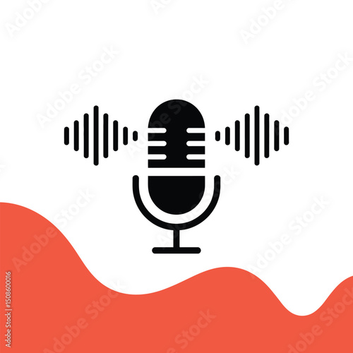 Microphone Icon with Sound Waves and Voice Signal for Audio Transmission and Content Creation in Podcasts, Radio, and Live Streaming