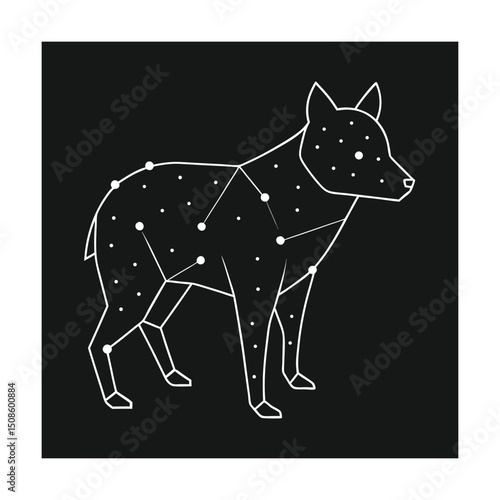 Silhouette of a canine constellation with connecting dots and a black background