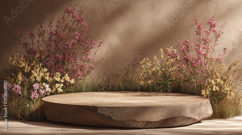 Stone pedestal surrounded by wildflowers creates a serene, natural display setting. Earthy textures meet soft blooms.