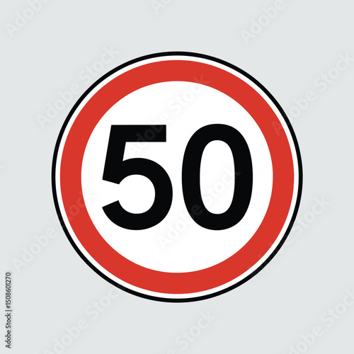 Round speed limit sign with bold black number 50 inside a solid red circular border on a light grey background, clear and simple design for road traffic regulation and speed control