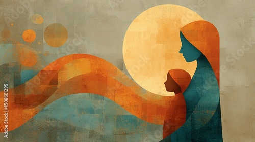 Abstract depiction of motherhood: An artistic representation of a parent embracing a child in a surreal landscape under a luminous sun.