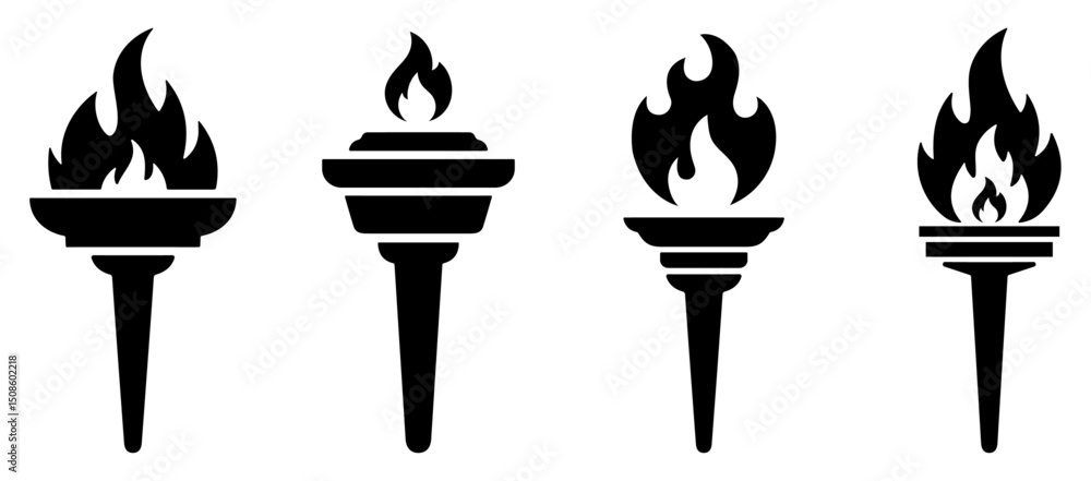 Tableau sur toile Set of burning torch icons in black silhouette style