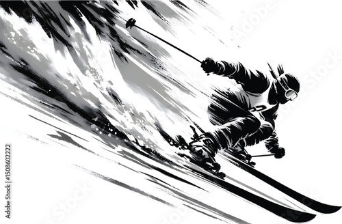 Black and white illustration of a skier descending a snowy slope depicted in a flowing ink brush artistic style.