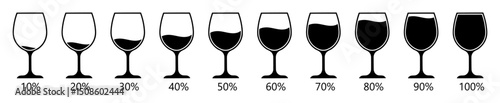 Set of wine glasses with varying fill levels from 10% to 100%. Wine glasses vector icons set. Vector illustration of drink volume, alcohol measurement, or consumption info graphic.